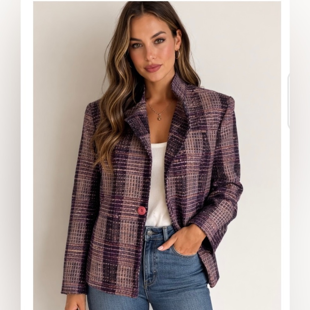 Vintage 80s Chic Women's Wool Mix Plaid Blazer in Purple-Granny Chic